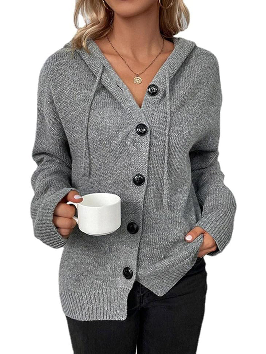 Gray hooded button cardigan sweater with V-neck opening and long sleeves
