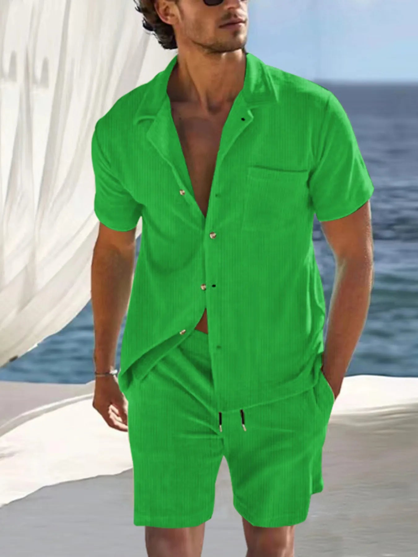 Men's green short-sleeve button-front shirt and shorts set with pockets