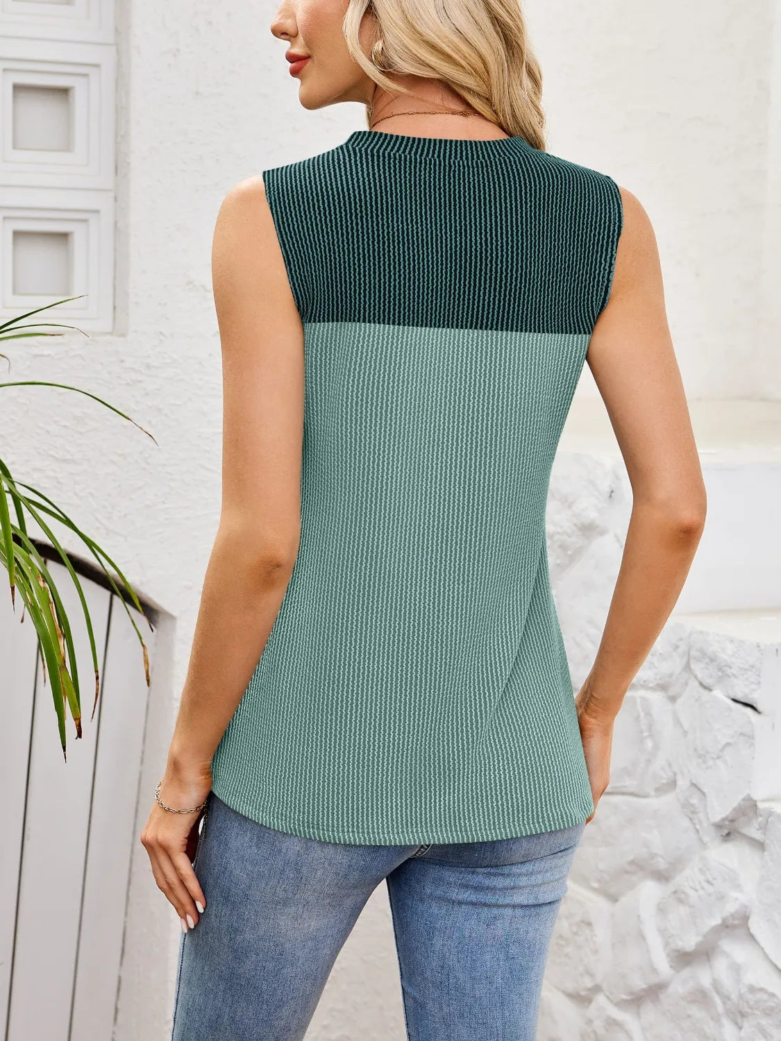 Textured round-neck sleeveless tank, teal-green back view