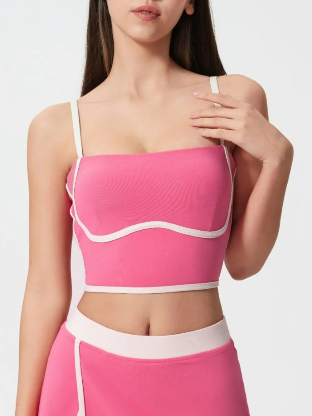 Fuchsia pink active cami with square neckline, contrast white trim, and molded chest pads