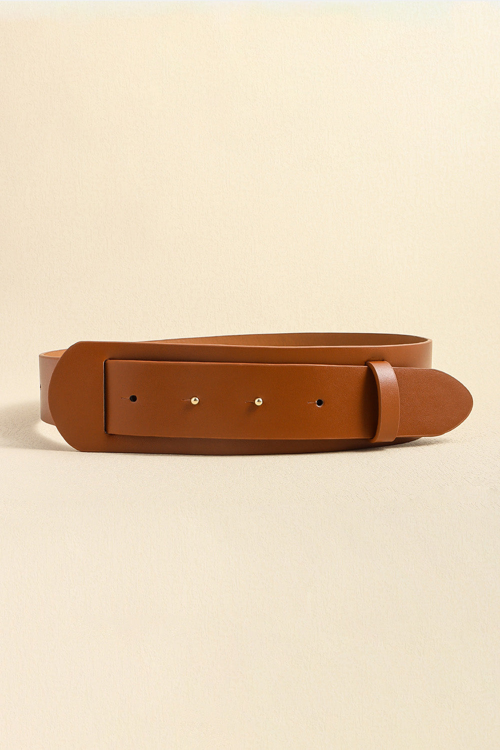 Vegan leather belt in caramel brown, wide strap with rectangular buckle plate and pin holes