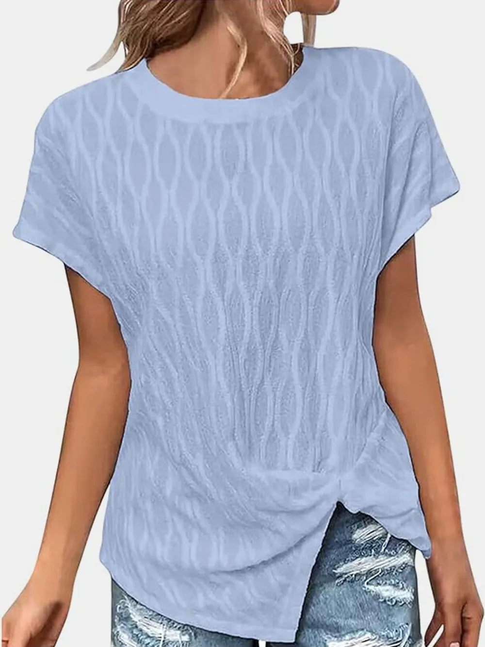 Light blue patterned round-neck short-sleeve T-shirt with draped hem detail