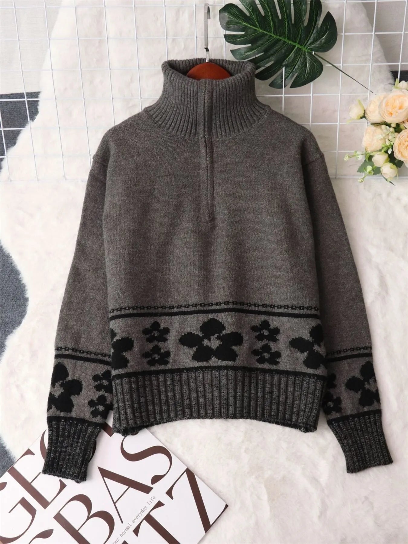 Gray long-sleeve pullover sweater with black floral stripe band and ribbed cuffs