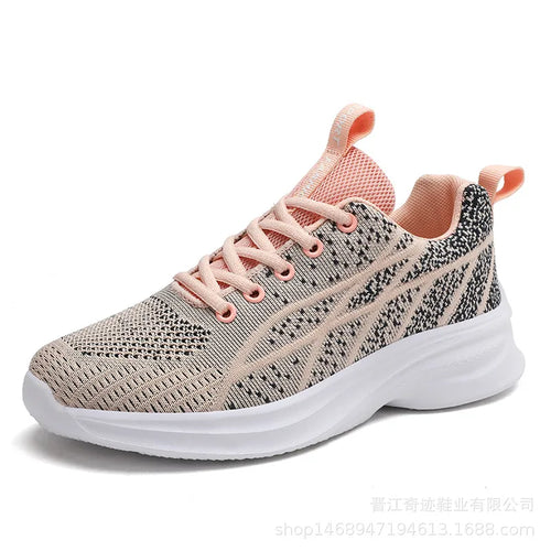 Breathable mesh lace-up athletic sneakers with pale blush accents, knit upper and white sole