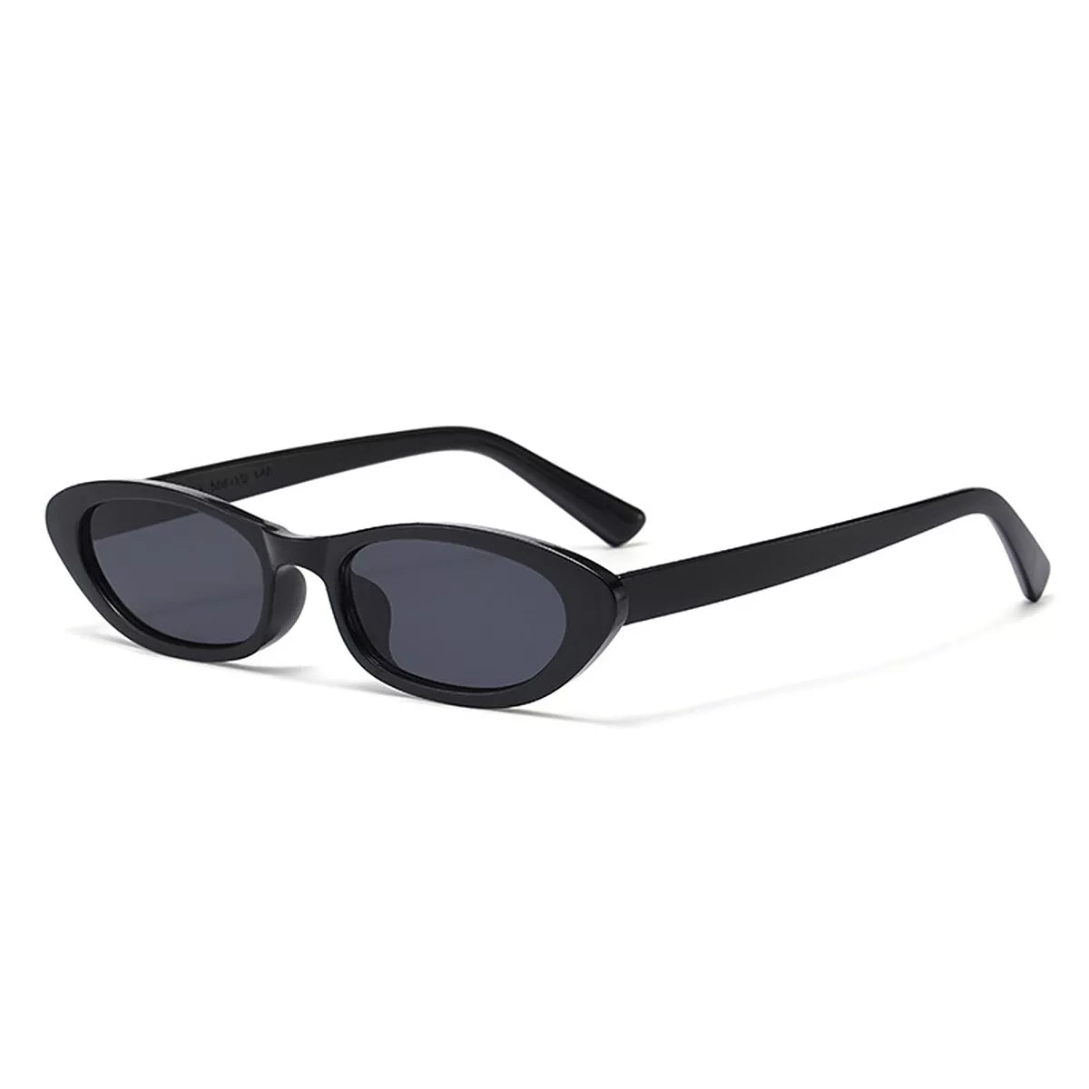 Black oval UV400 sunglasses with dark lenses and smooth straight arms