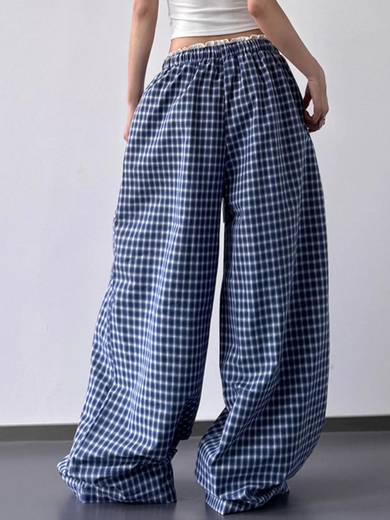 Drawstring plaid wide-leg pants, blue with white check pattern, full-length wide legs