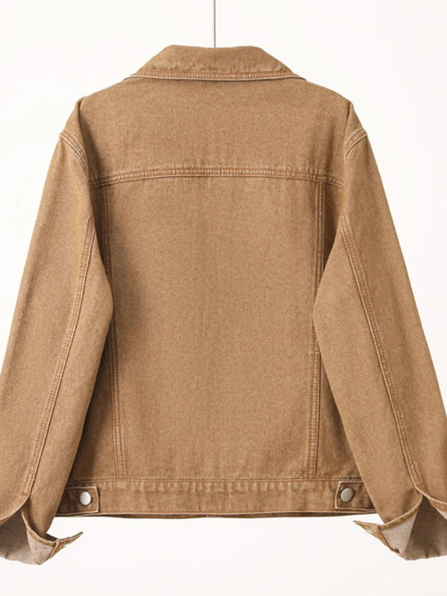 Khaki denim jacket back view with yoke seams and long sleeves