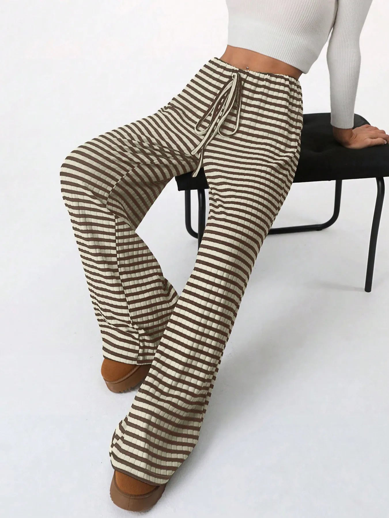 Striped wide-leg drawstring pants, dark and beige horizontal stripes, wide flared hems