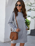 Heather gray round-neck long-sleeve mini dress with side pockets, relaxed fit.