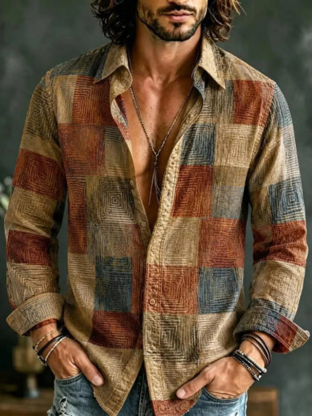 Patchwork long-sleeve button-up shirt with chest pocket, tan and blue