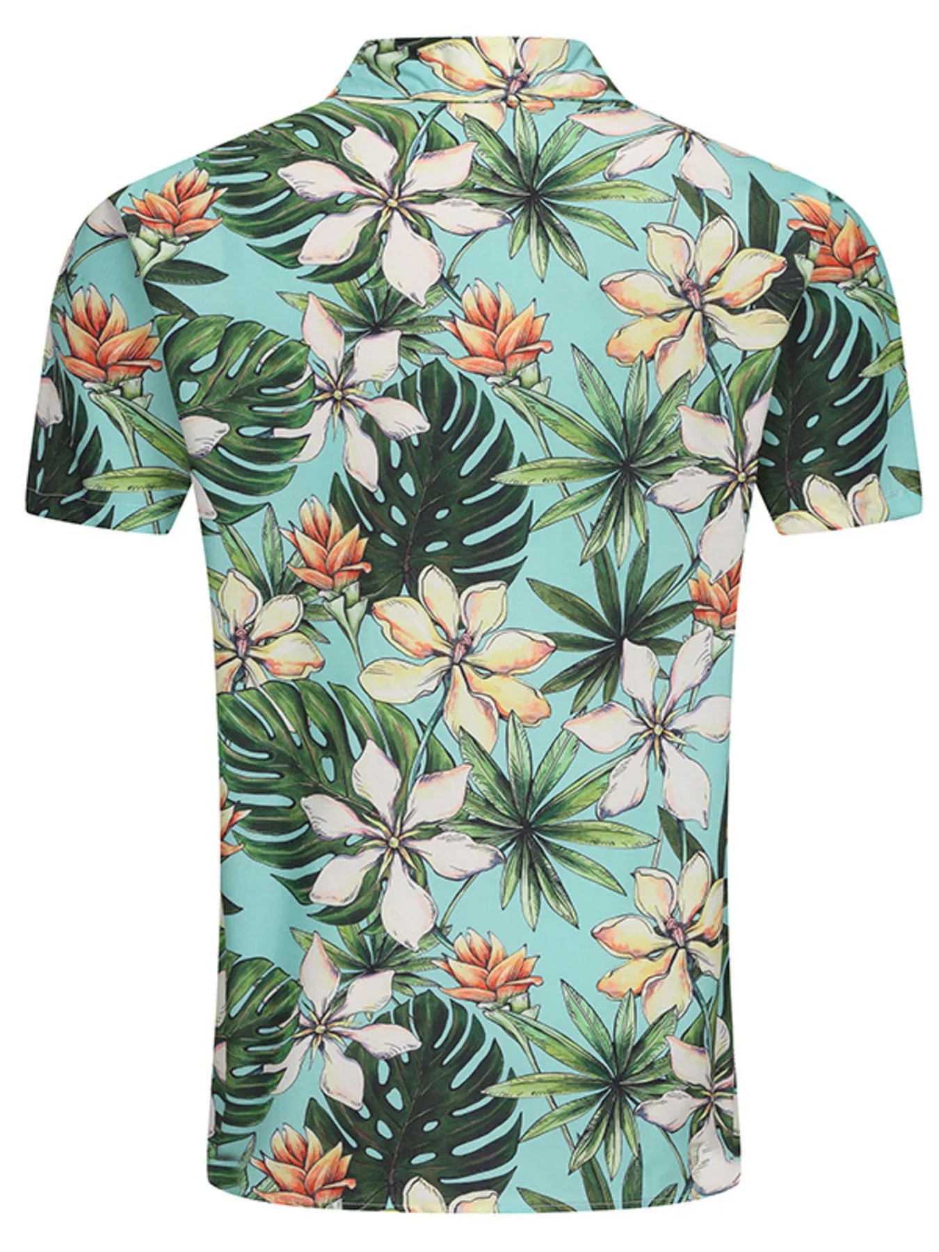 Men's button-up shirt with turquoise tropical leaf and flower print, short sleeves.