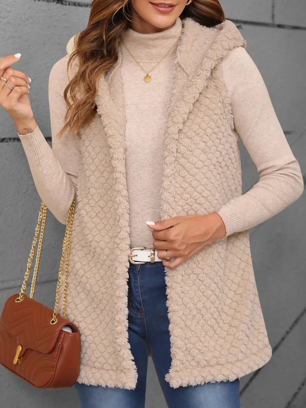 Hooded textured vest coat in light beige, open front with sherpa-like fleece