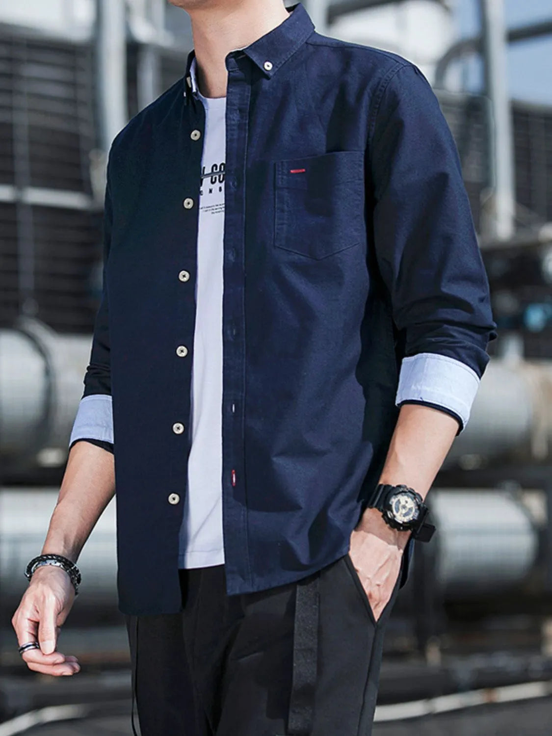 Navy button-down casual shirt with chest pocket and long sleeves