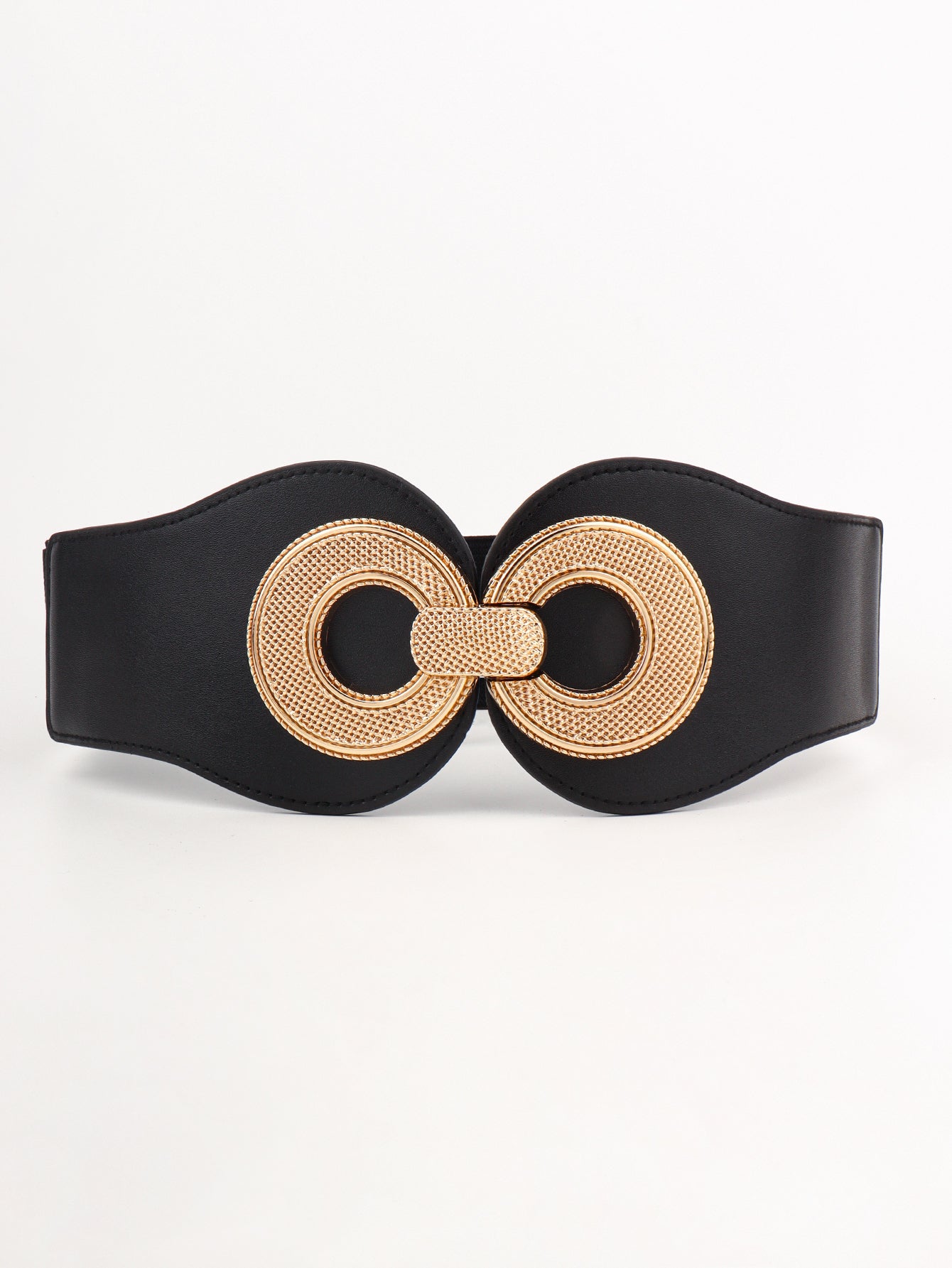 Elastic vegan belt laid flat: black band with gold woven double-ring buckle
