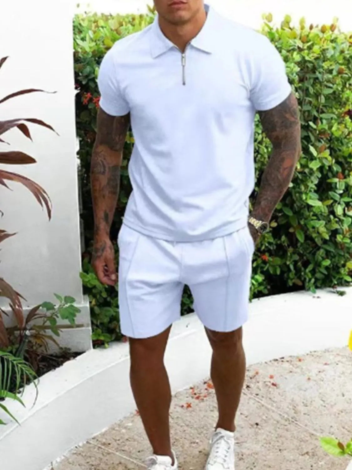 Men's collared top and shorts set, white zip polo and matching shorts