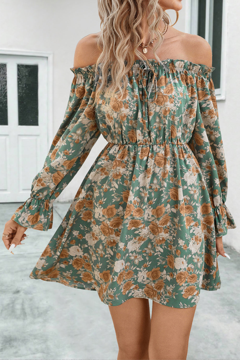 Light green floral off-shoulder dress with gathered waist and long flounce sleeves