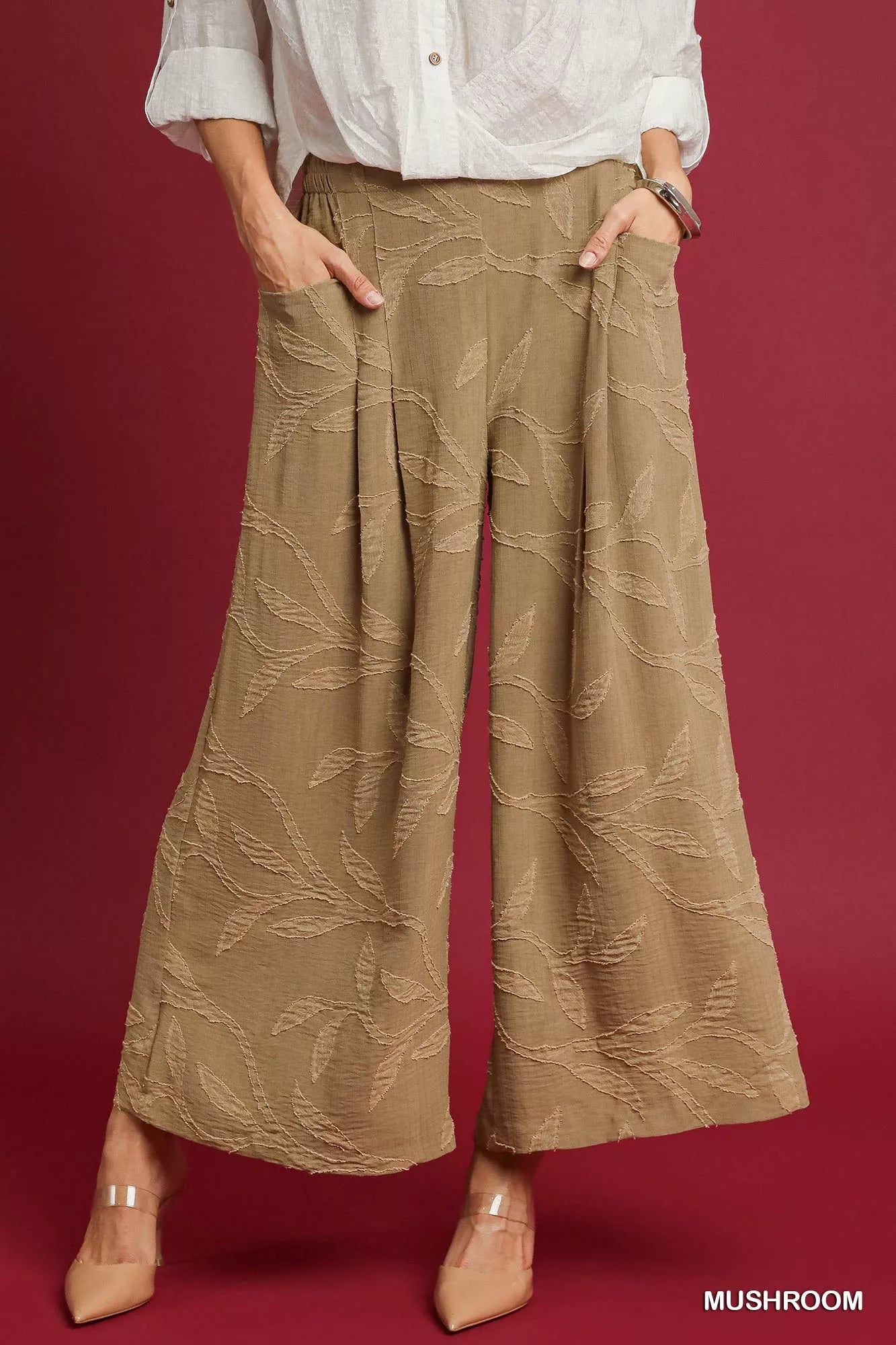 Mushroom jacquard wide-leg pants with elastic waist and textured vine motif