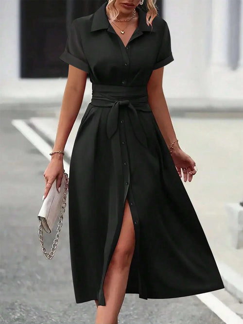 Black belted button-front midi shirt dress with V neckline and front slit
