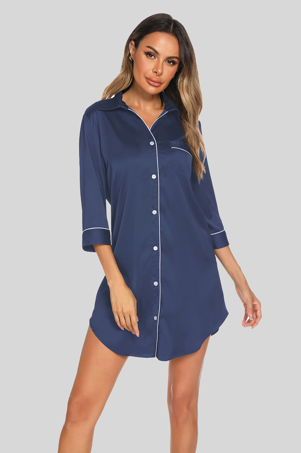 French blue button-up collared night dress with chest pocket and contrast trim sleeves