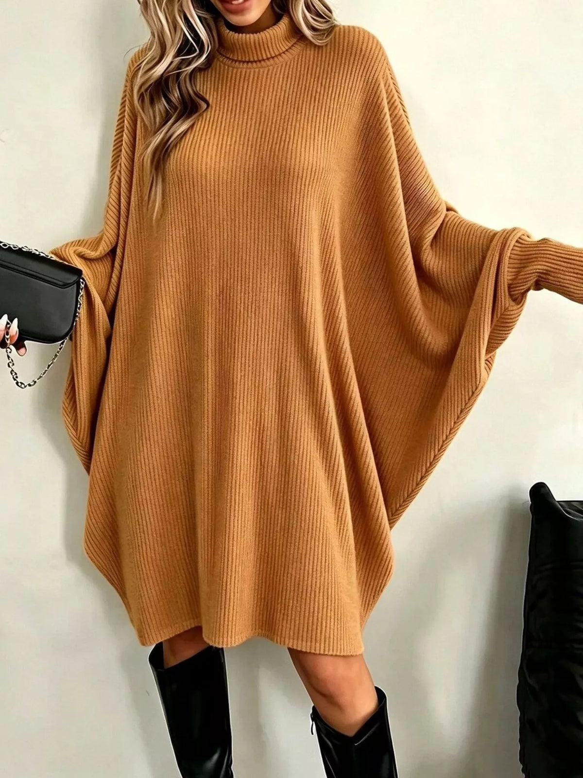 Brown ribbed knit turtleneck sweater dress, oversized long sleeves