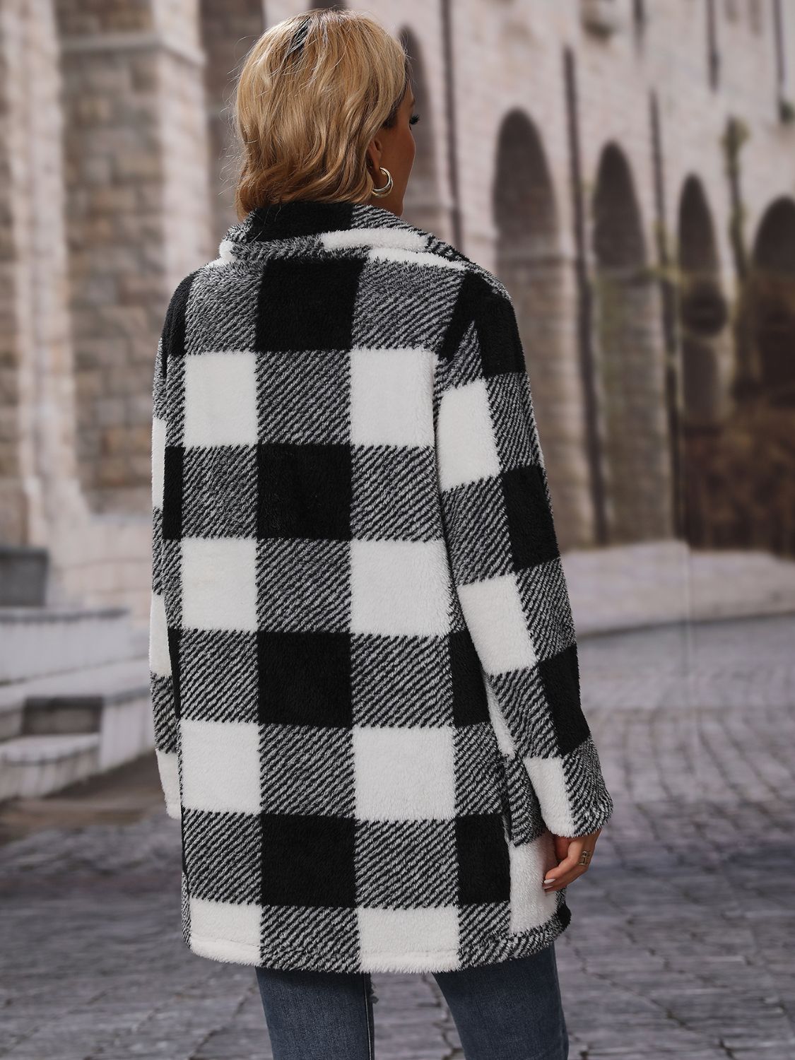 Plaid collared neck coat with pockets, black-and-white check, back view