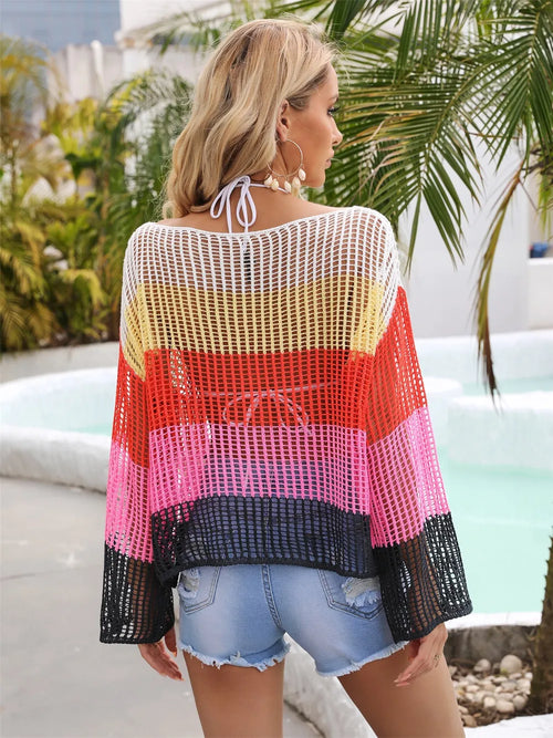 Color-block openwork crochet cover up, back with tie straps, boat neck, long striped sleeves