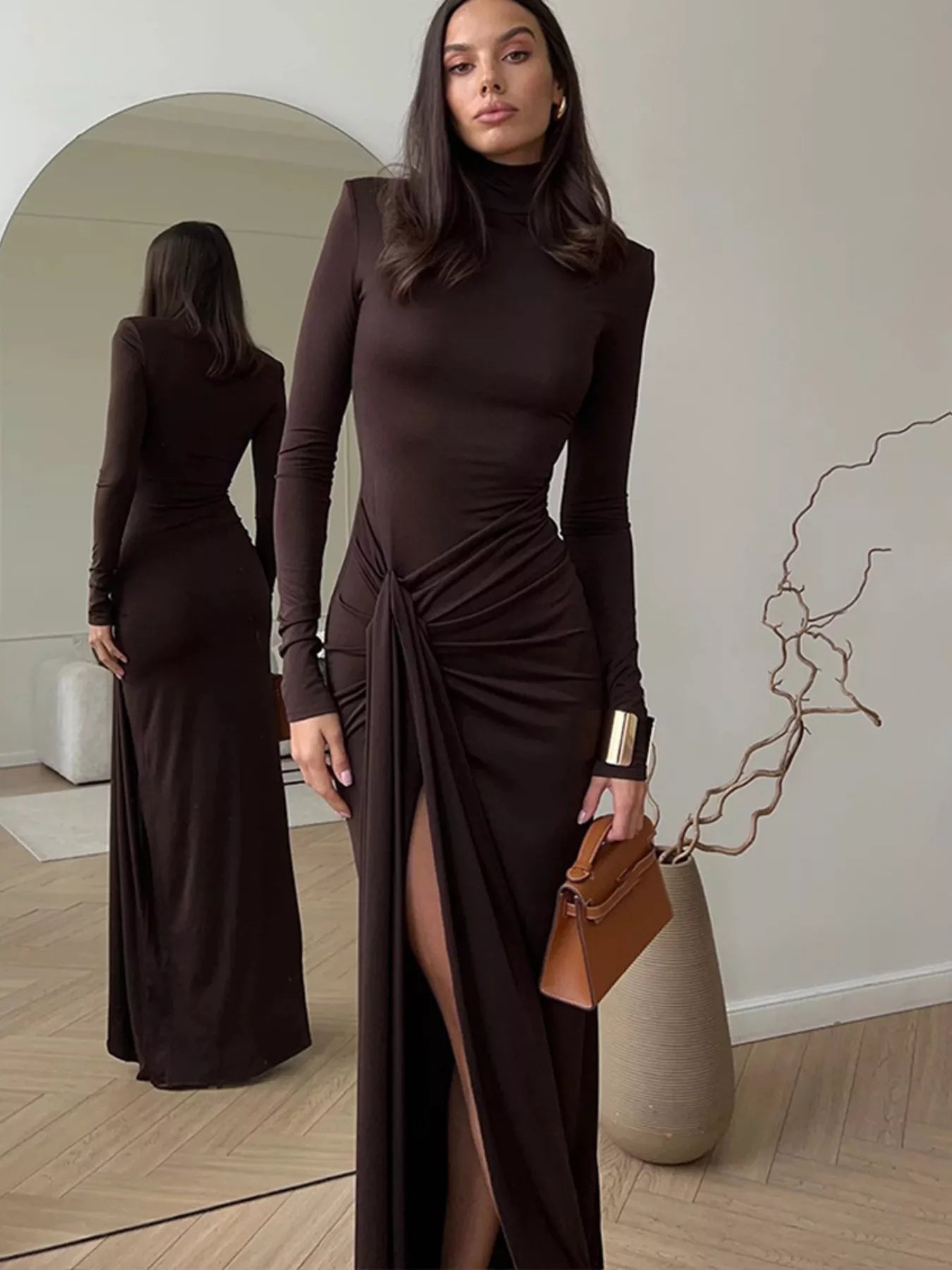 Turtleneck Tie-Waist Maxi Dress with Front Split Black / L