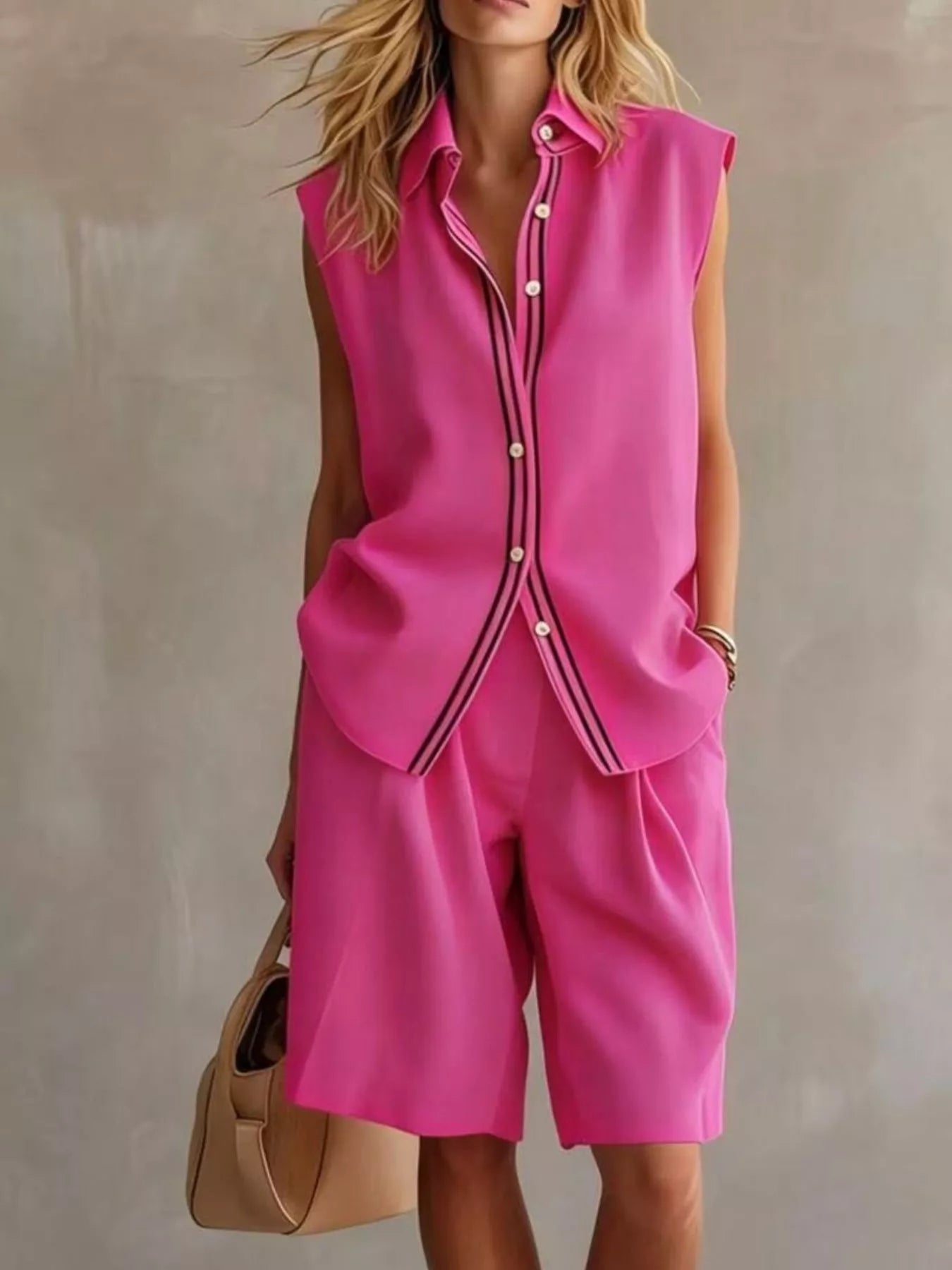Sleeveless button-up top and shorts set, rose red with front buttons and patch pockets