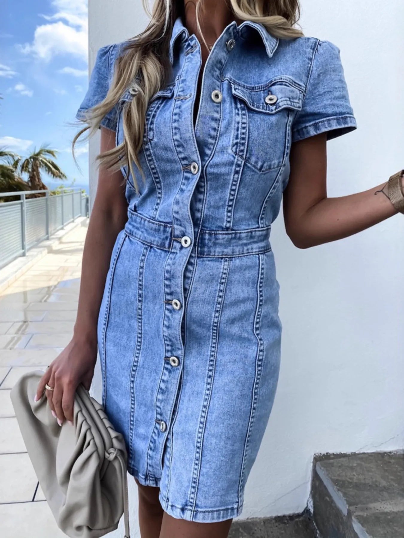 Medium-wash denim button-front short-sleeve dress with collar and front seaming details