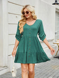 Tiered ruched V-neck mini dress in green with button-front and long sleeves — Trendsi