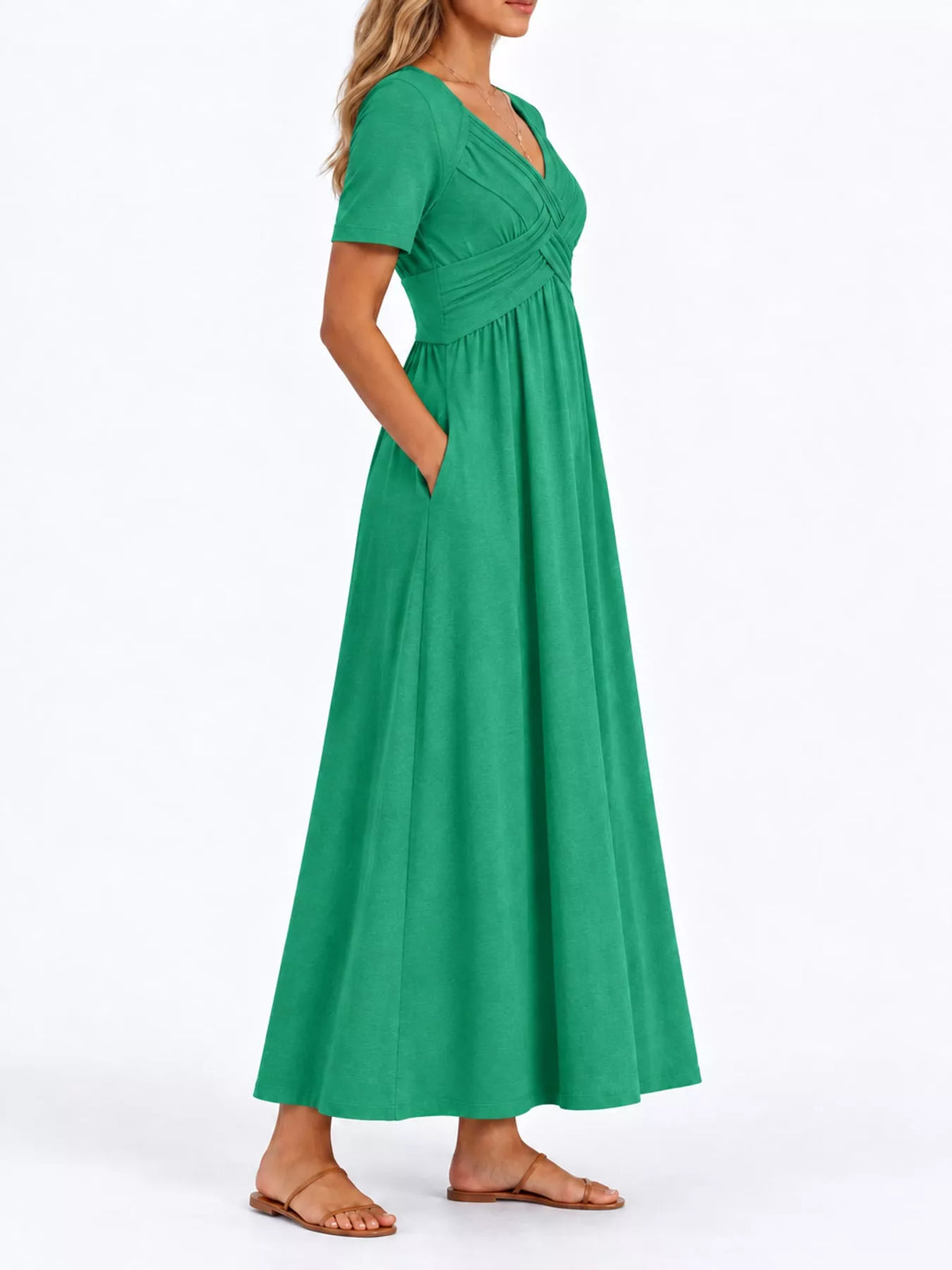 Green high-waist midi dress with crisscross wrap neckline and short sleeves