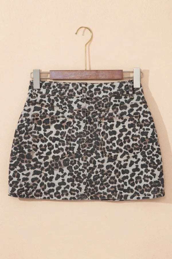 Leopard denim mini skirt, flat lay front view