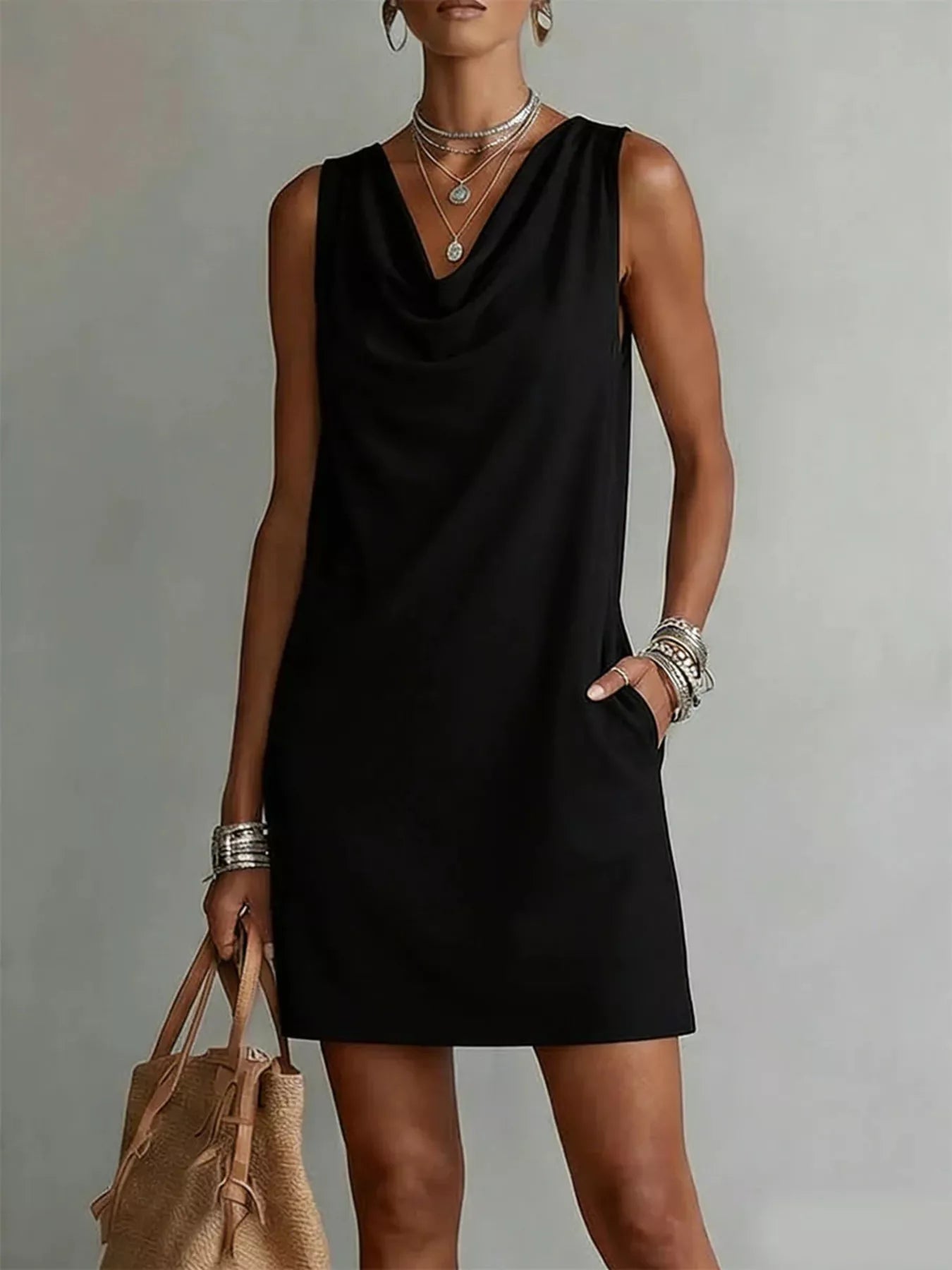 Black sleeveless cowl-neck mini dress with draped neckline and straight shift fit.