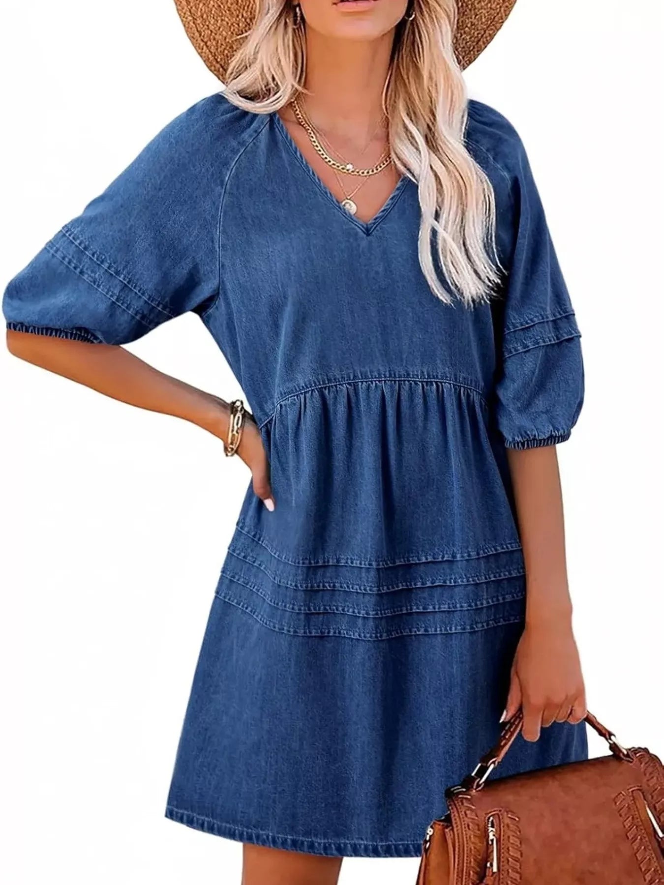 Cedar & Moore Casual V-Neck Puff Sleeve Denim Mini Dress in blue denim