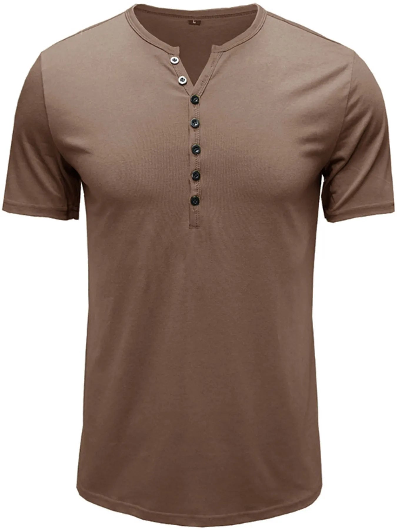 Taupe henley short-sleeve polo shirt with V-neck button placket and dark buttons