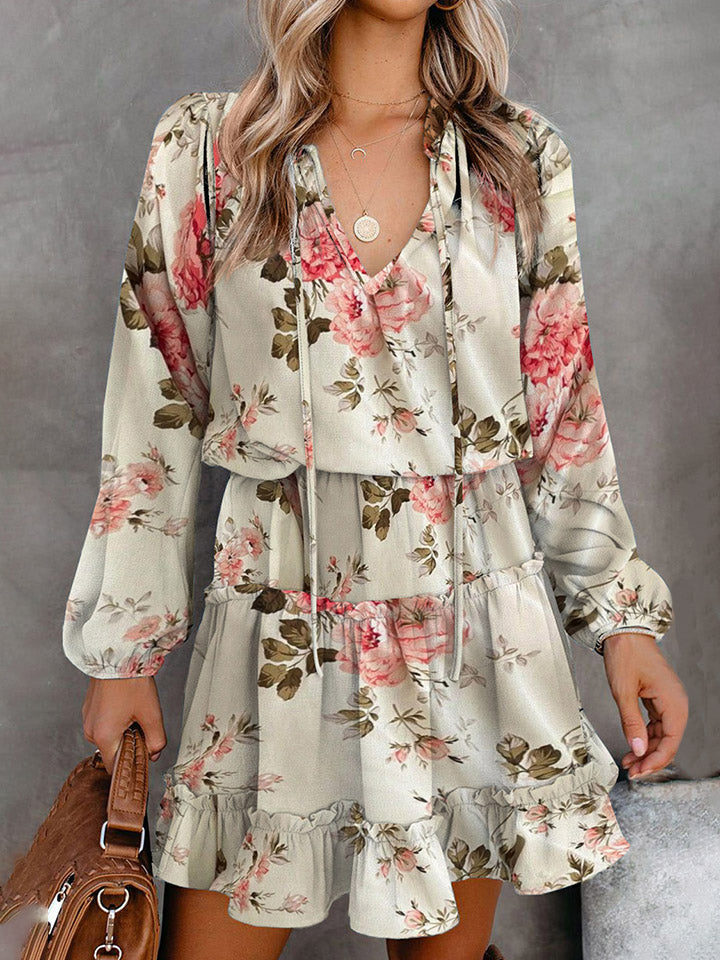 Ivory floral printed tie-neck long-sleeve dress with tiered skirt