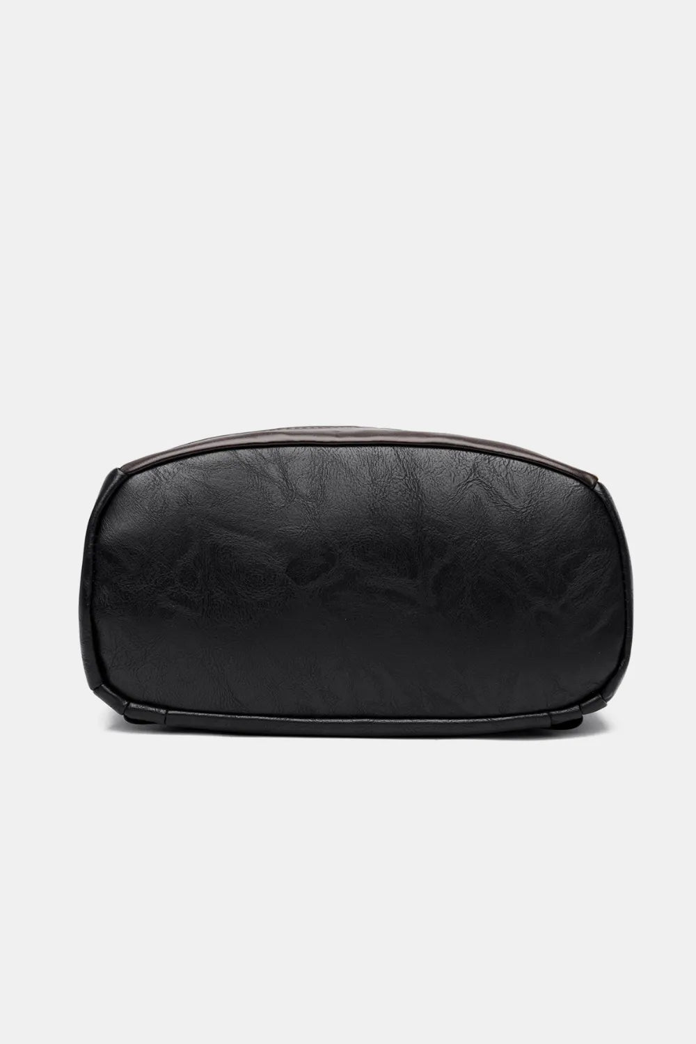 Black vegan leather backpack bag with zippered top and smooth oval front