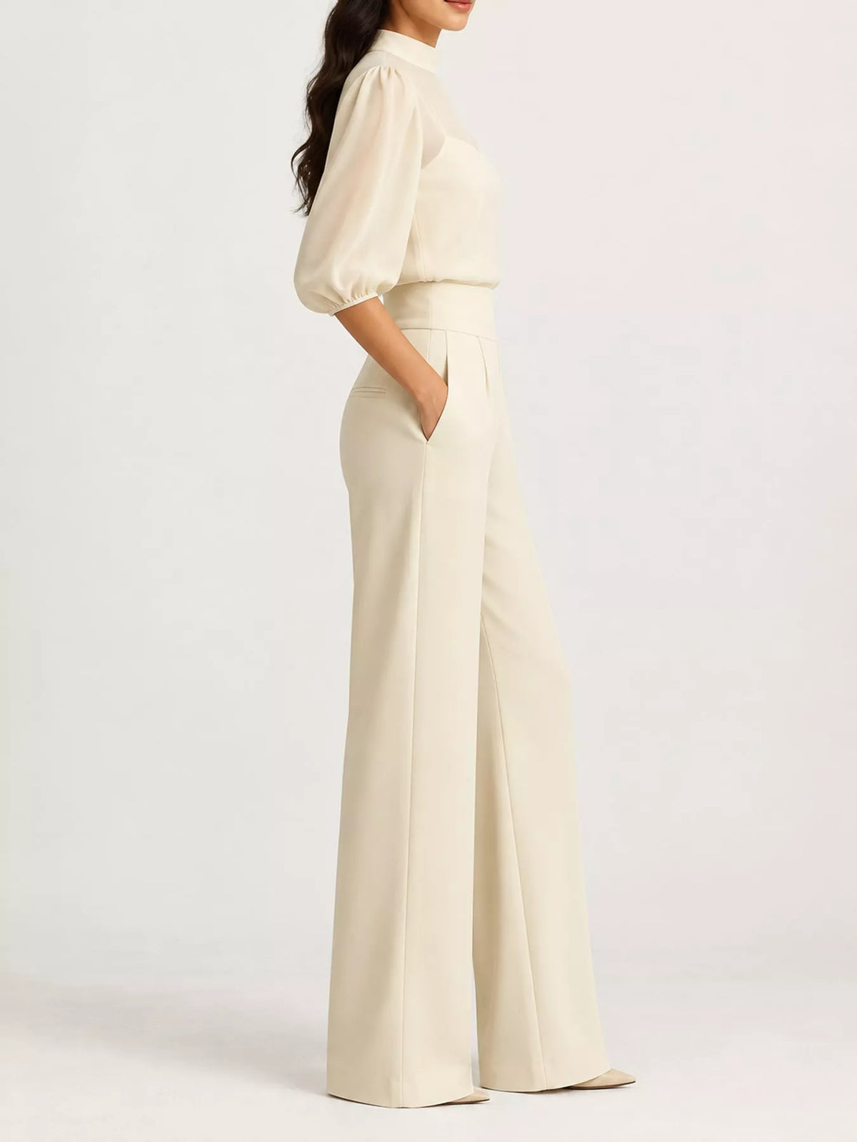 Ivory mock neck sheer puff-sleeve top with wide-leg pants set, side view