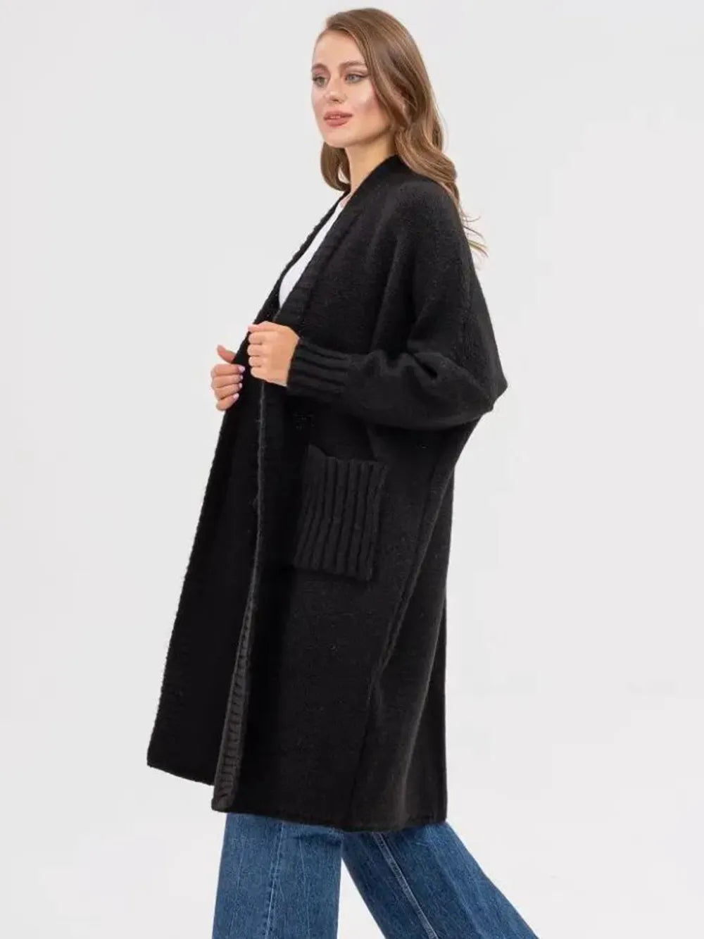 Black open-front longline cardigan with ribbed cuffs and front pockets
