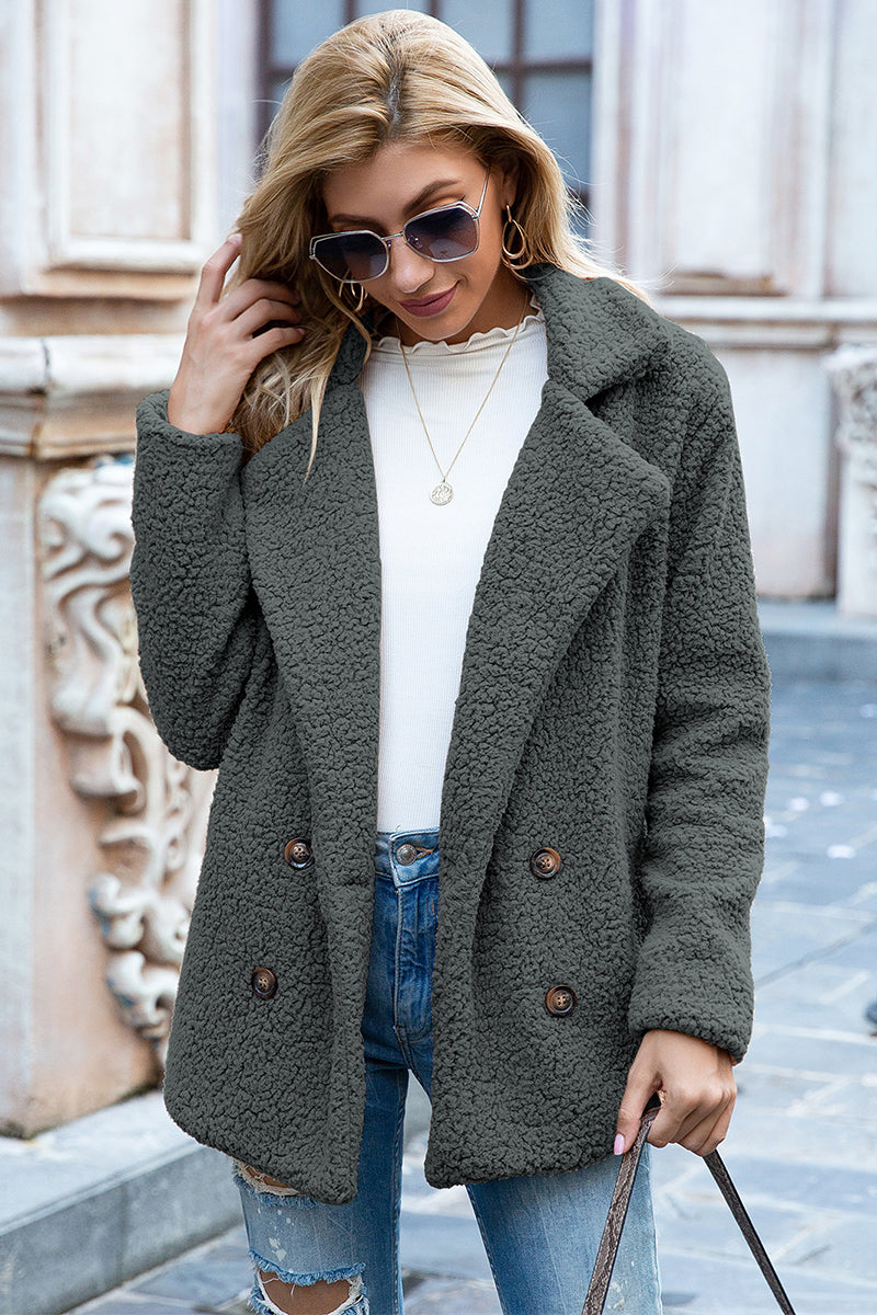 Army green sherpa lapel collar coat with button-front, long sleeves