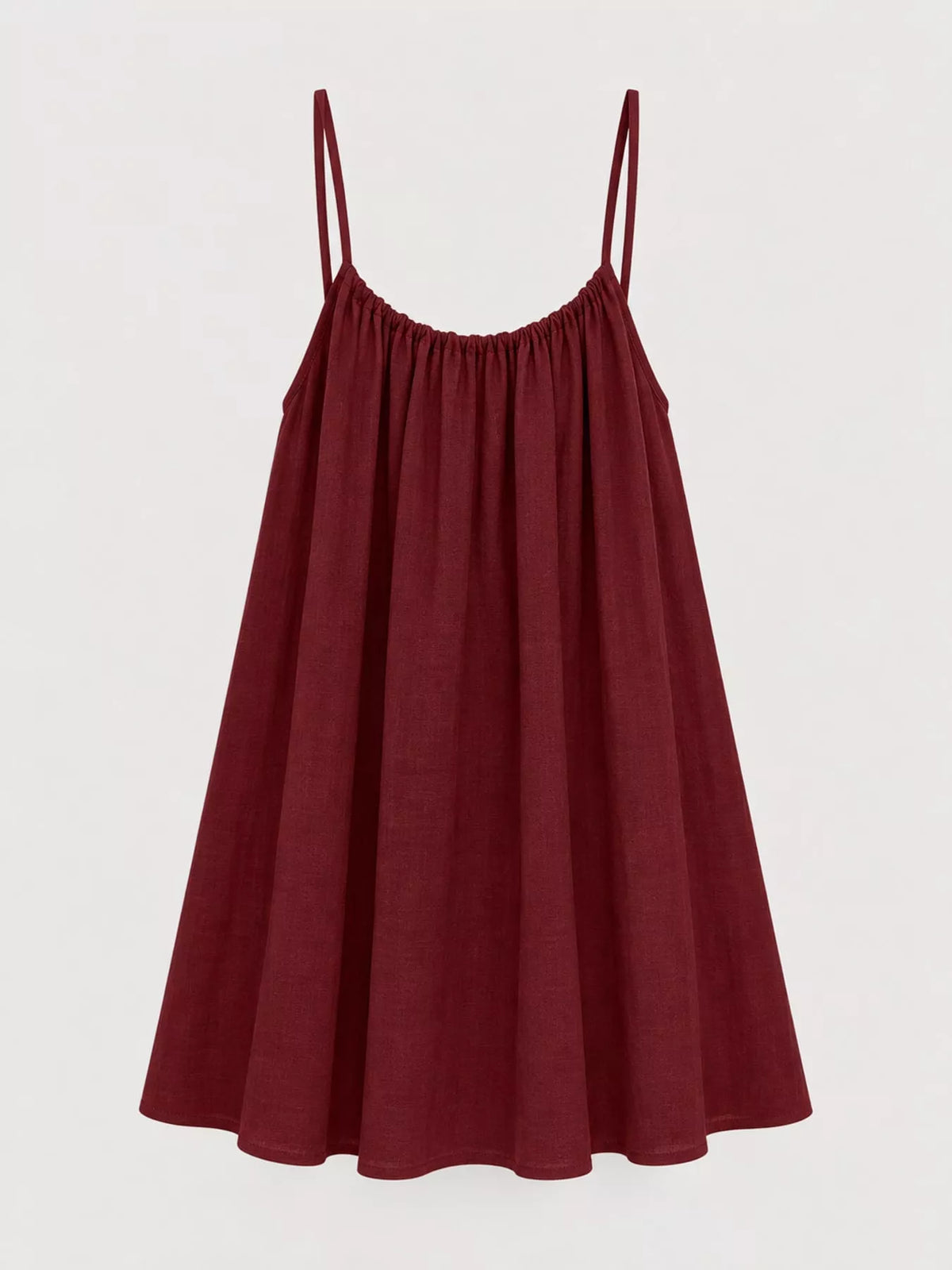 Spaghetti-strap ruched mini dress, burgundy, gathered scoop neckline and swing skirt