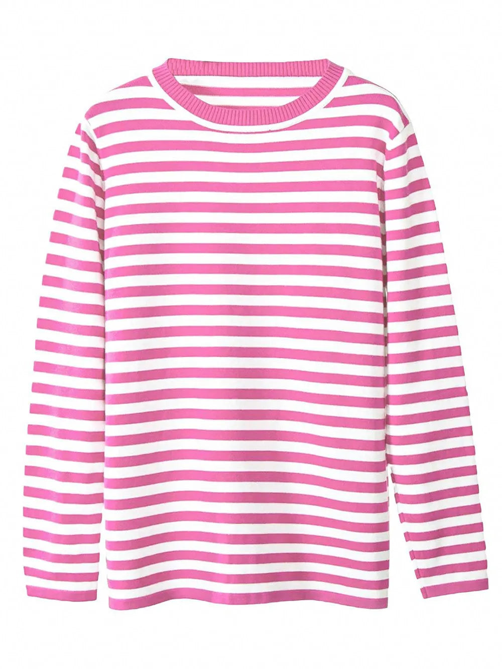 Striped long-sleeve sweater with round neck, pink and white horizontal stripes.