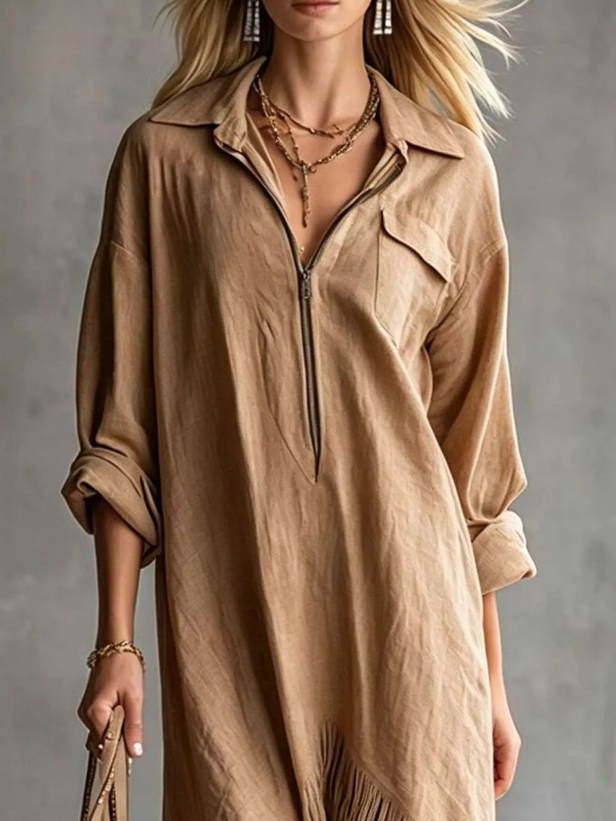 Camel brown midi dress with front zipper placket and pocket accents