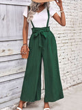 Dark green tie-belt wide-leg overalls with adjustable shoulder straps