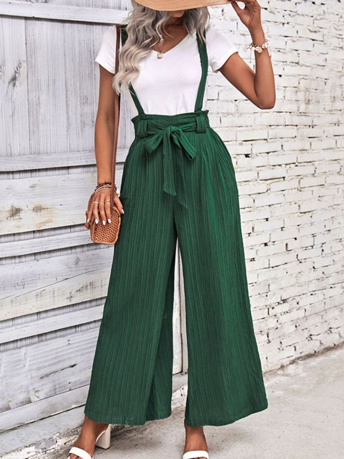 Dark green tie-belt wide-leg overalls with adjustable shoulder straps
