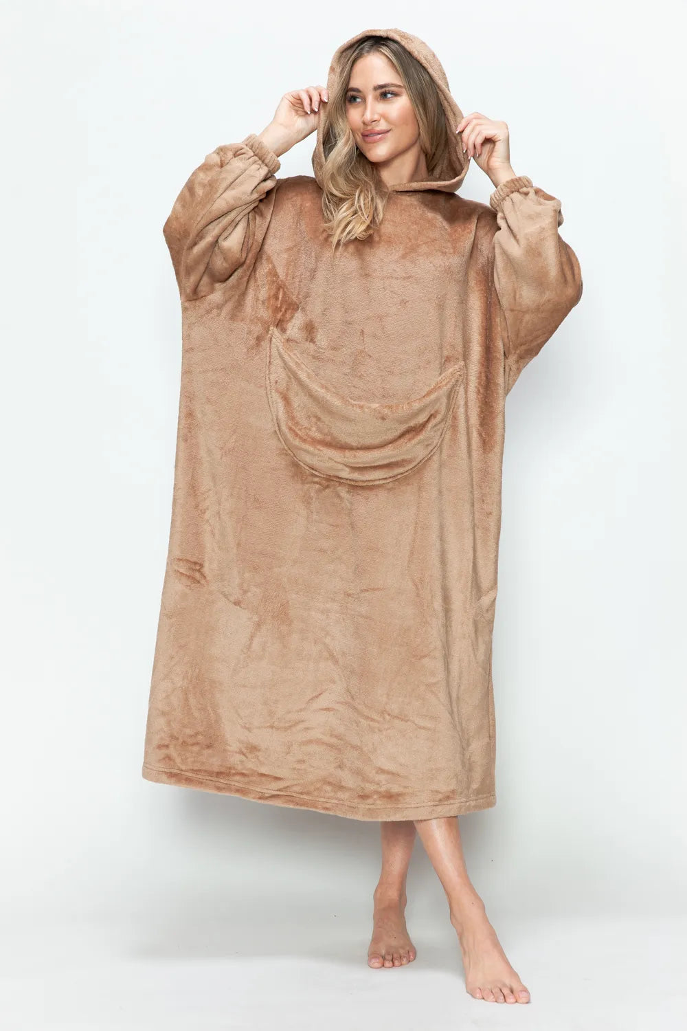 Mocha hooded midi lounge dress with front pouch pocket and long sleeves