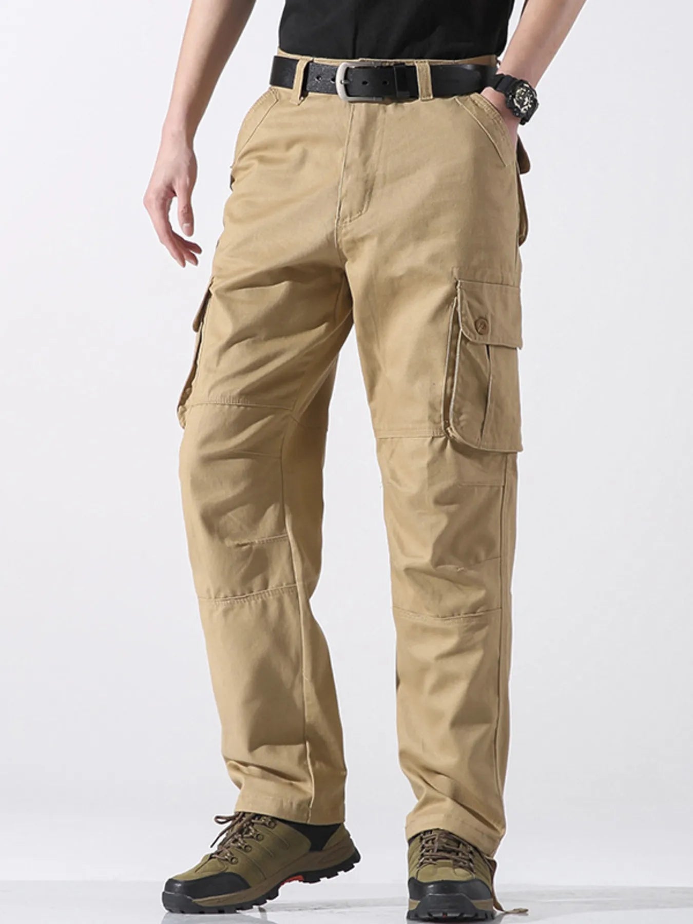 Wide leg cargo pants in khaki tan with belt and side cargo pockets