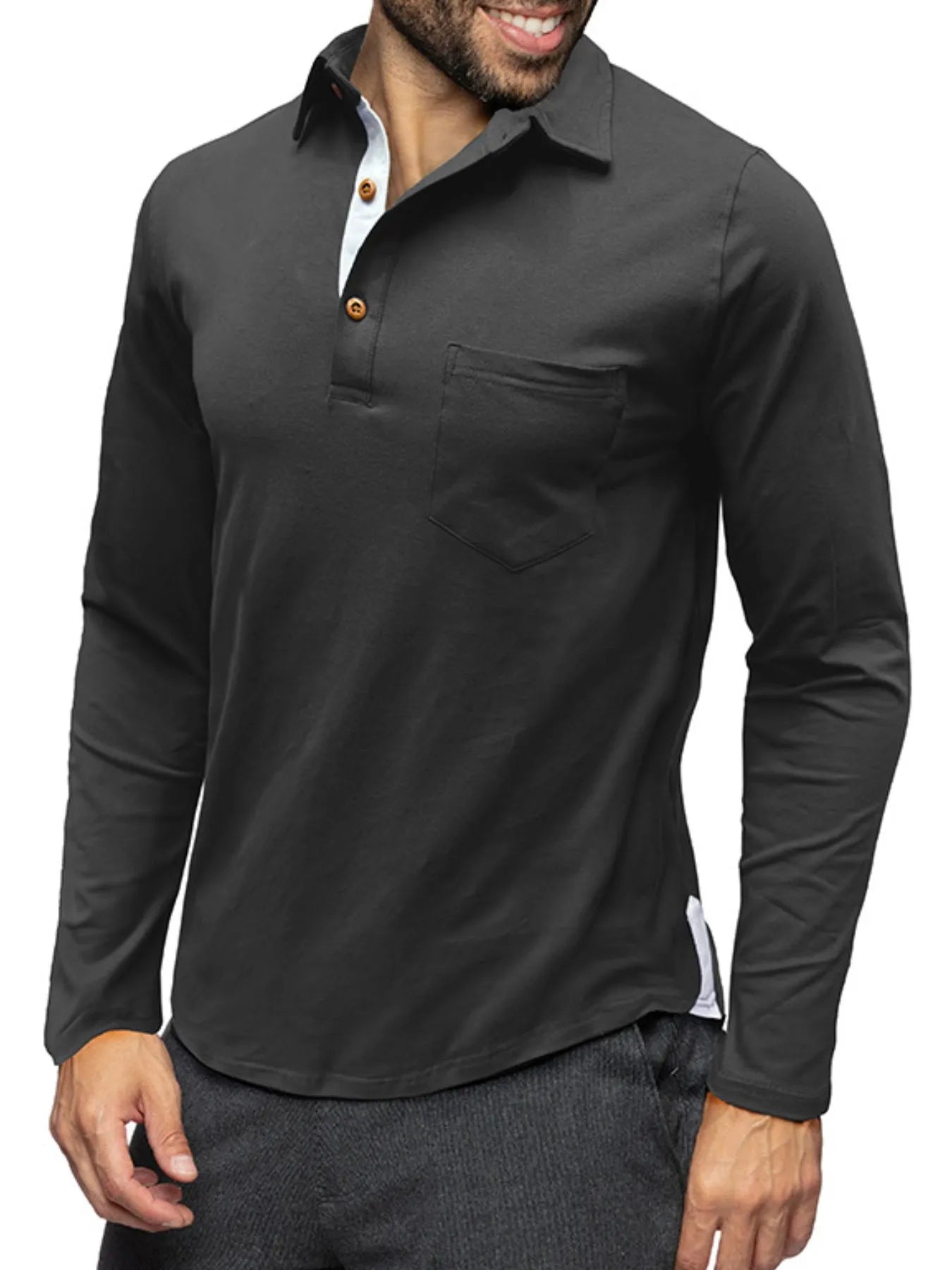 Men's long sleeve polo shirt in dark gray, with chest pocket and button placket.