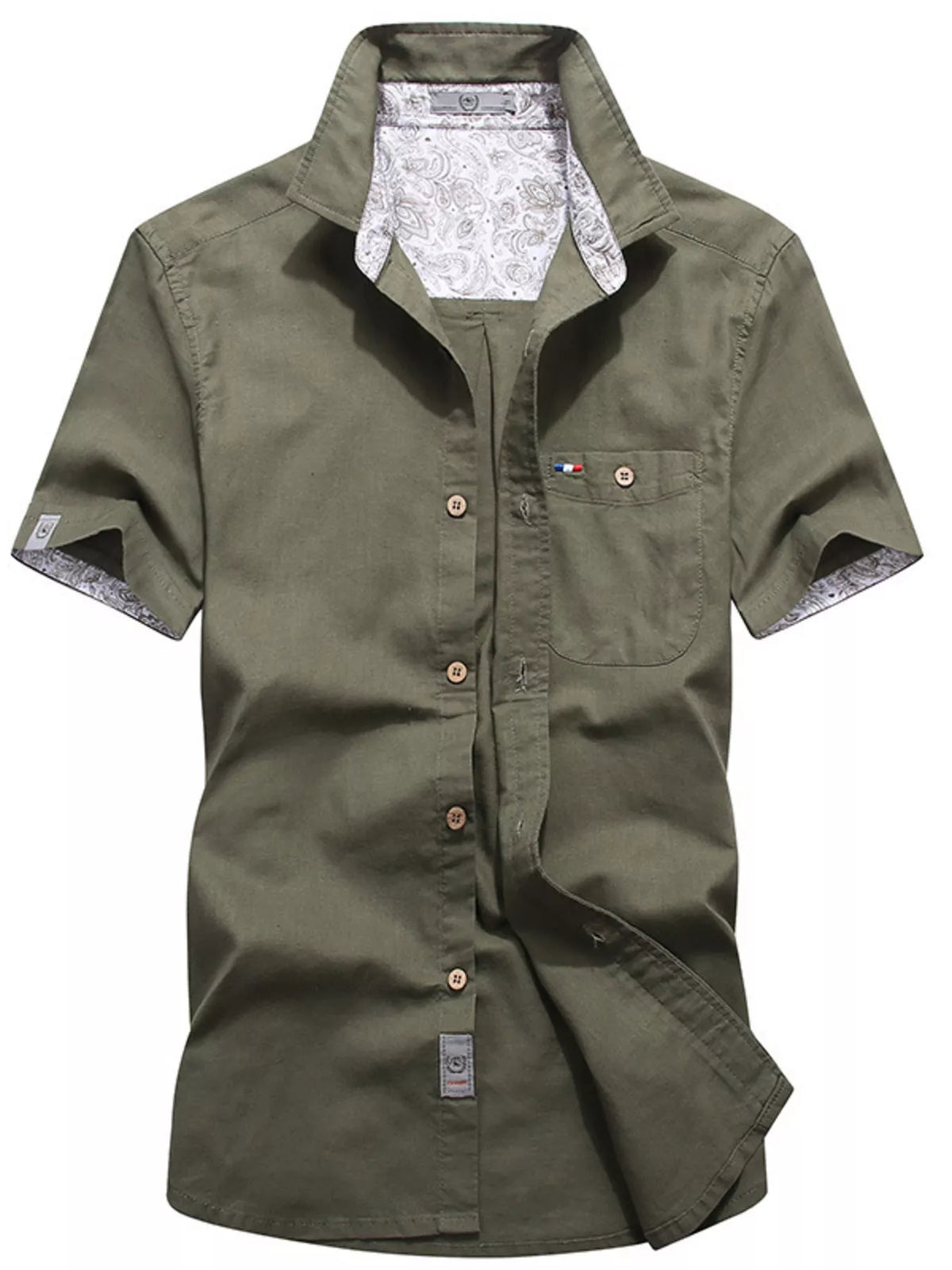 Men's casual short-sleeve button-up shirt, army green with chest pocket