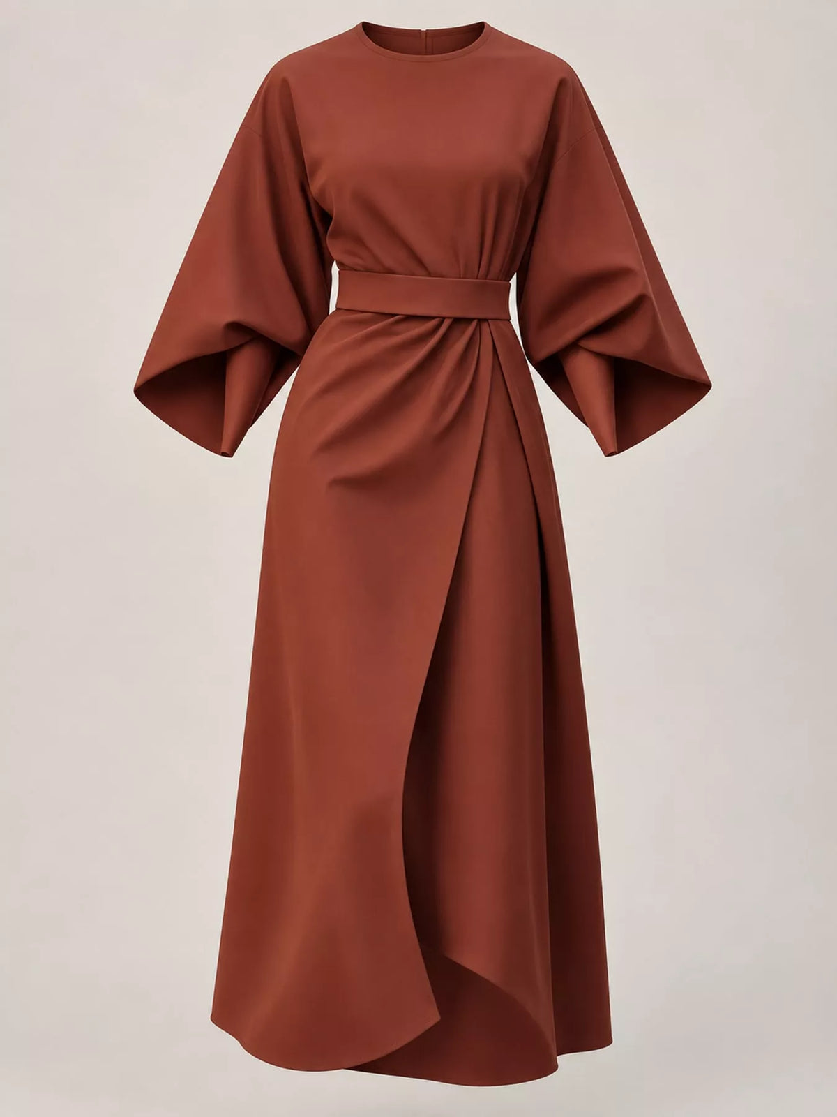 Rust red belted midi dress with kimono sleeves, high-waist twist and draped skirt